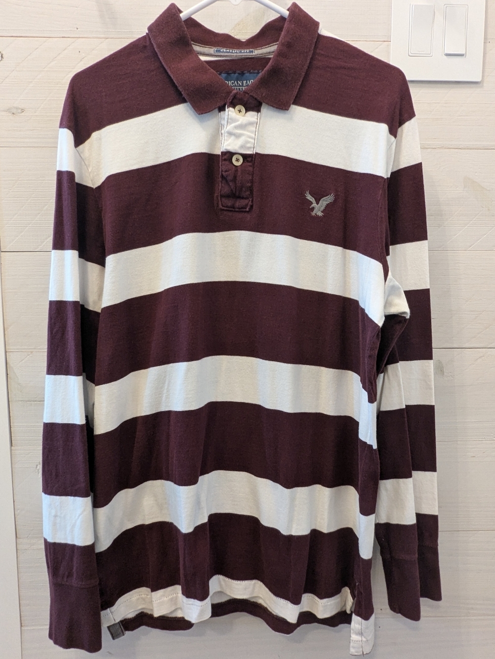 🦅 American Eagle Outfitters Men’s Classic Fit Striped Long-Sleeve Polo; Size: L